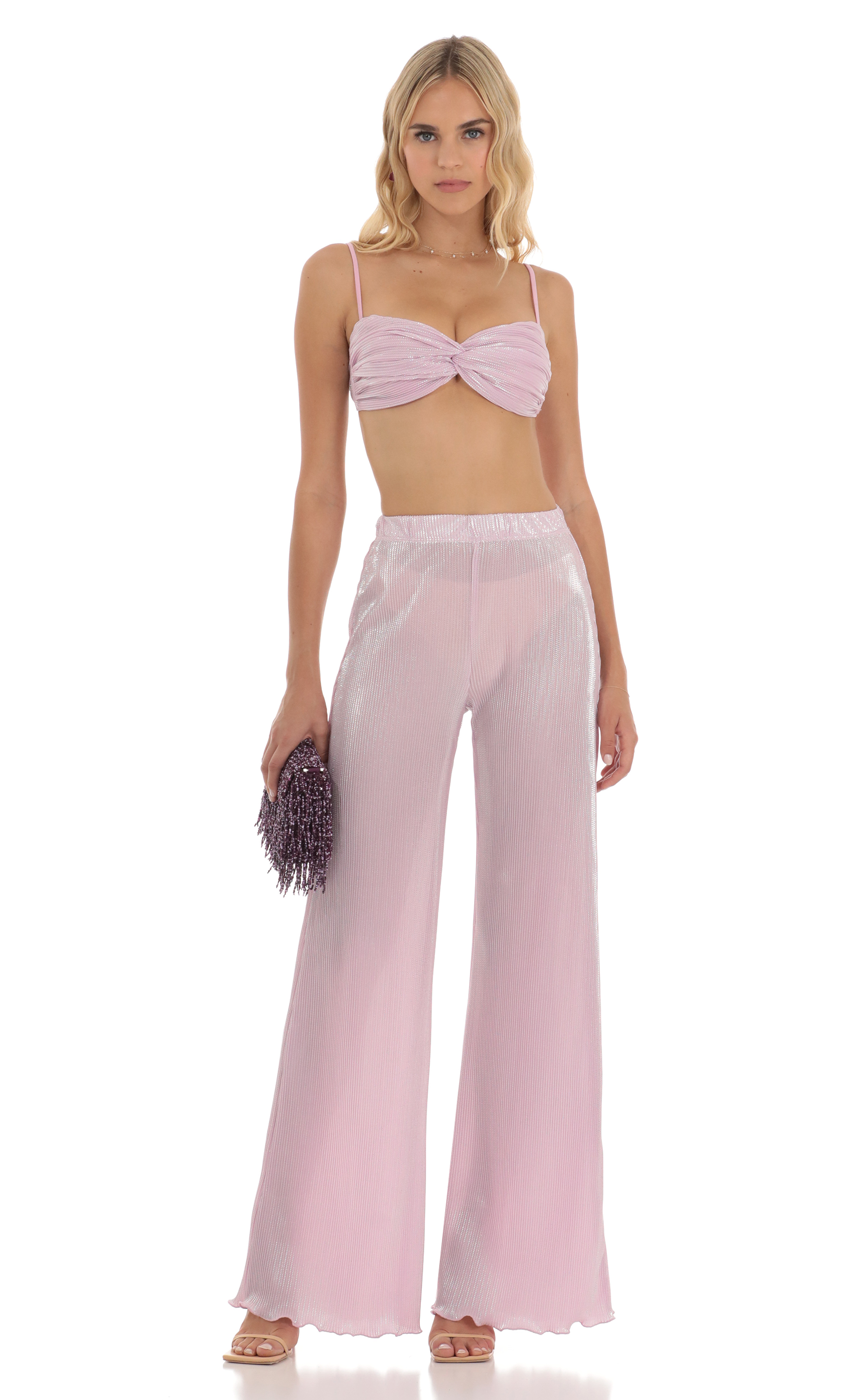 Pleated Shimmer Two Piece Set in Pink