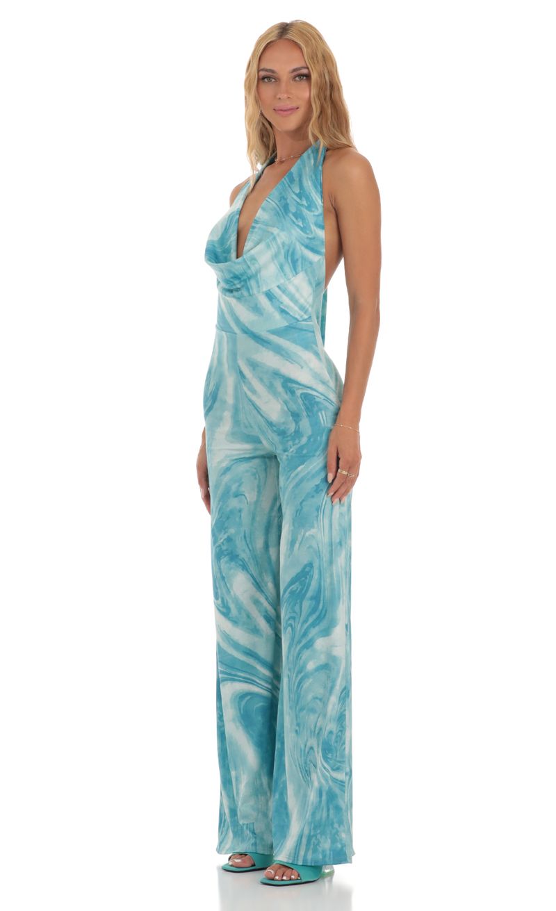 Cath Drape Open Back Jumpsuit in Blue Swirl