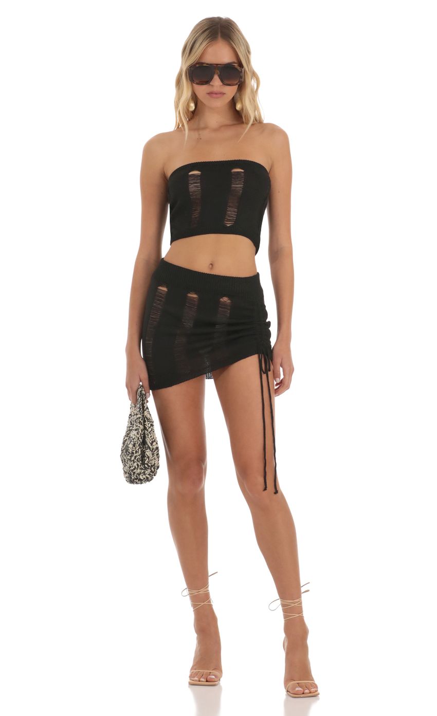 Picture Sinai Crochet Ruched Two Piece Skirt Set in Black. Source: https://media-img.lucyinthesky.com/data/Jun23/850xAUTO/3d0b98a7-15be-4262-8e46-9d6ff243e8f0.jpg