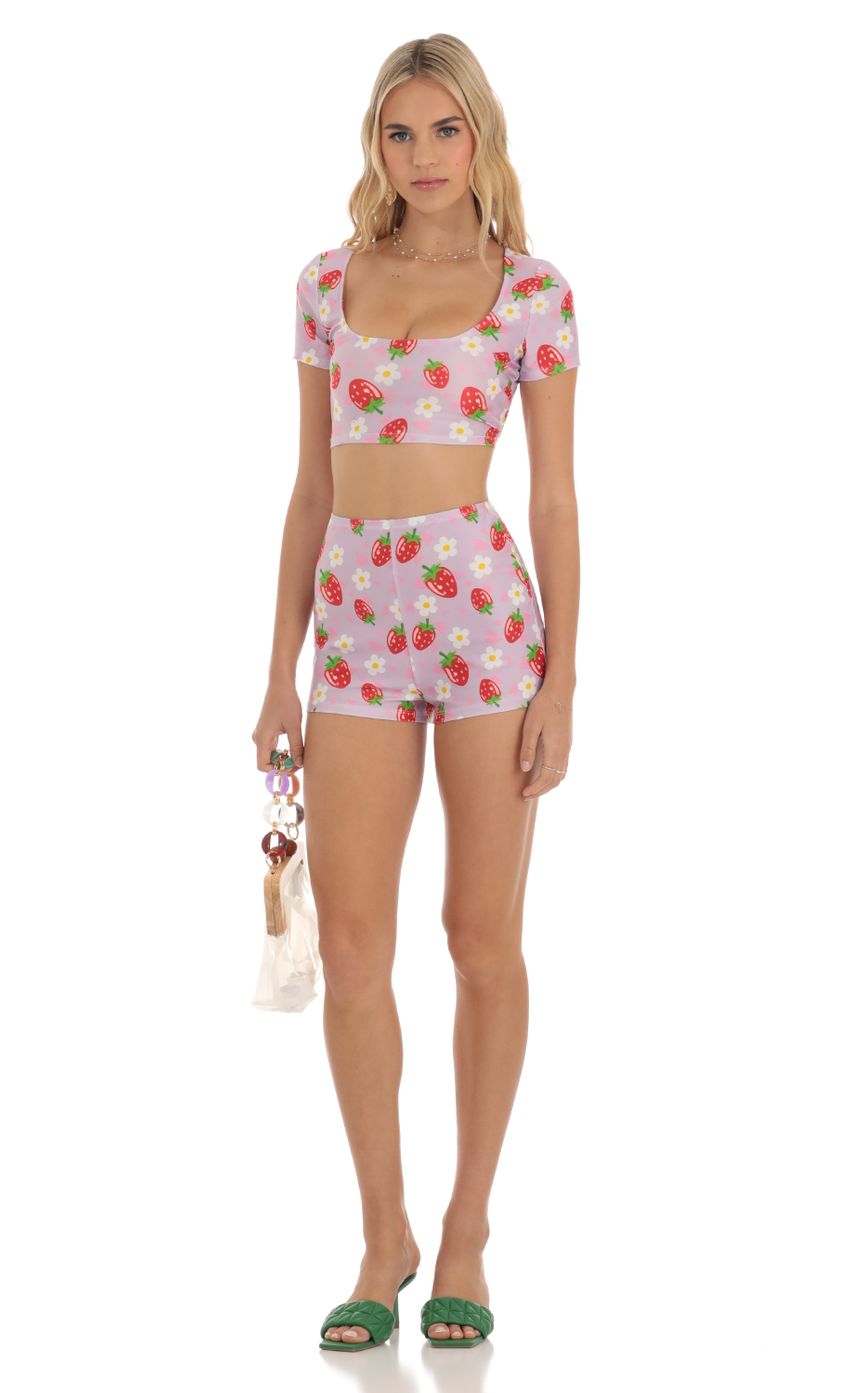 Picture Strawberry Floral Two Piece Short Set in Purple. Source: https://media-img.lucyinthesky.com/data/Jun23/850xAUTO/4cc5634c-7ad9-4d39-b42a-5f8a94b8b80f.jpg