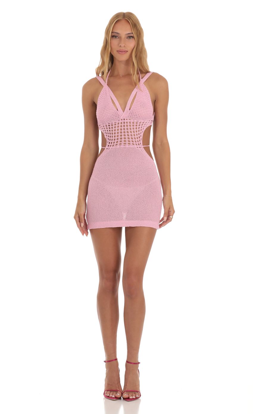 Picture Crochet Cutout Dress in Pink. Source: https://media-img.lucyinthesky.com/data/Jun23/850xAUTO/6279e9d7-c1a0-4bc0-afbe-870b80993e1b.jpg