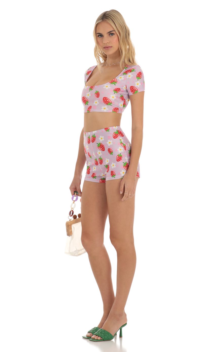 Picture Strawberry Floral Two Piece Short Set in Purple. Source: https://media-img.lucyinthesky.com/data/Jun23/850xAUTO/65e31117-8946-47ee-a17e-7c2423cbf9cd.jpg