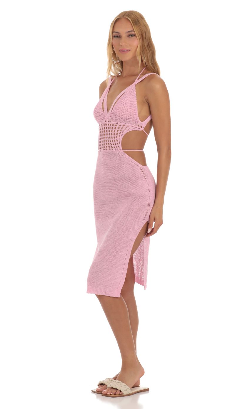 Picture Ixora Crochet Cutout Midi Dress in Pink. Source: https://media-img.lucyinthesky.com/data/Jun23/850xAUTO/6fd7a2d3-1d9c-49c8-aff4-894bff9d13cd.jpg