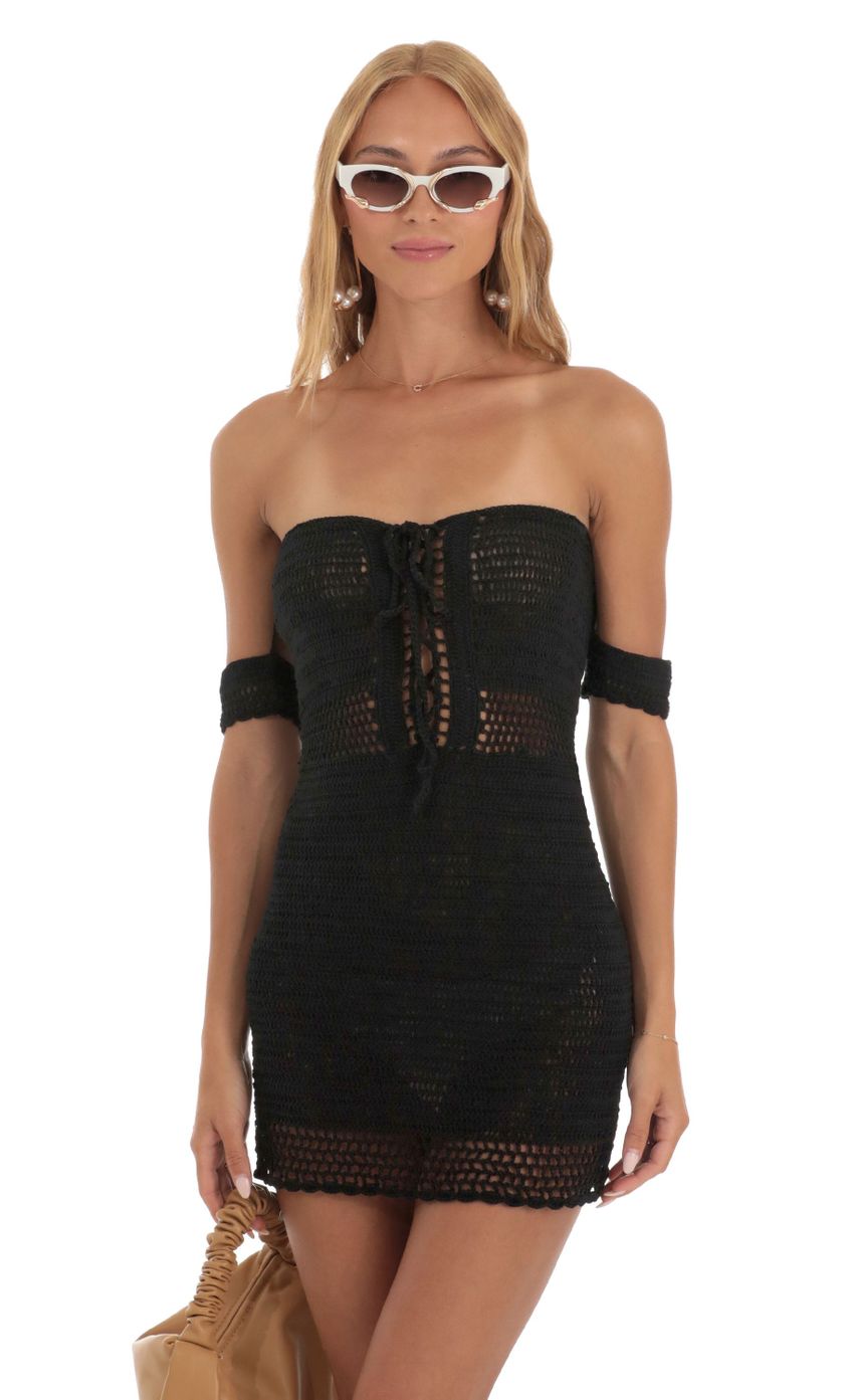 Picture Thar Crochet Off Shoulder Mini Dress in Black. Source: https://media-img.lucyinthesky.com/data/Jun23/850xAUTO/724a2bc4-1e09-4e2c-b424-cc529a153b27.jpg