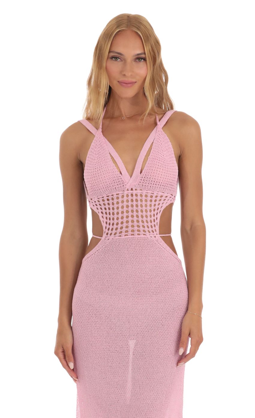 Picture Ixora Crochet Cutout Midi Dress in Pink. Source: https://media-img.lucyinthesky.com/data/Jun23/850xAUTO/78bcb4c7-8d1f-4316-bd89-fc2540c51256.jpg