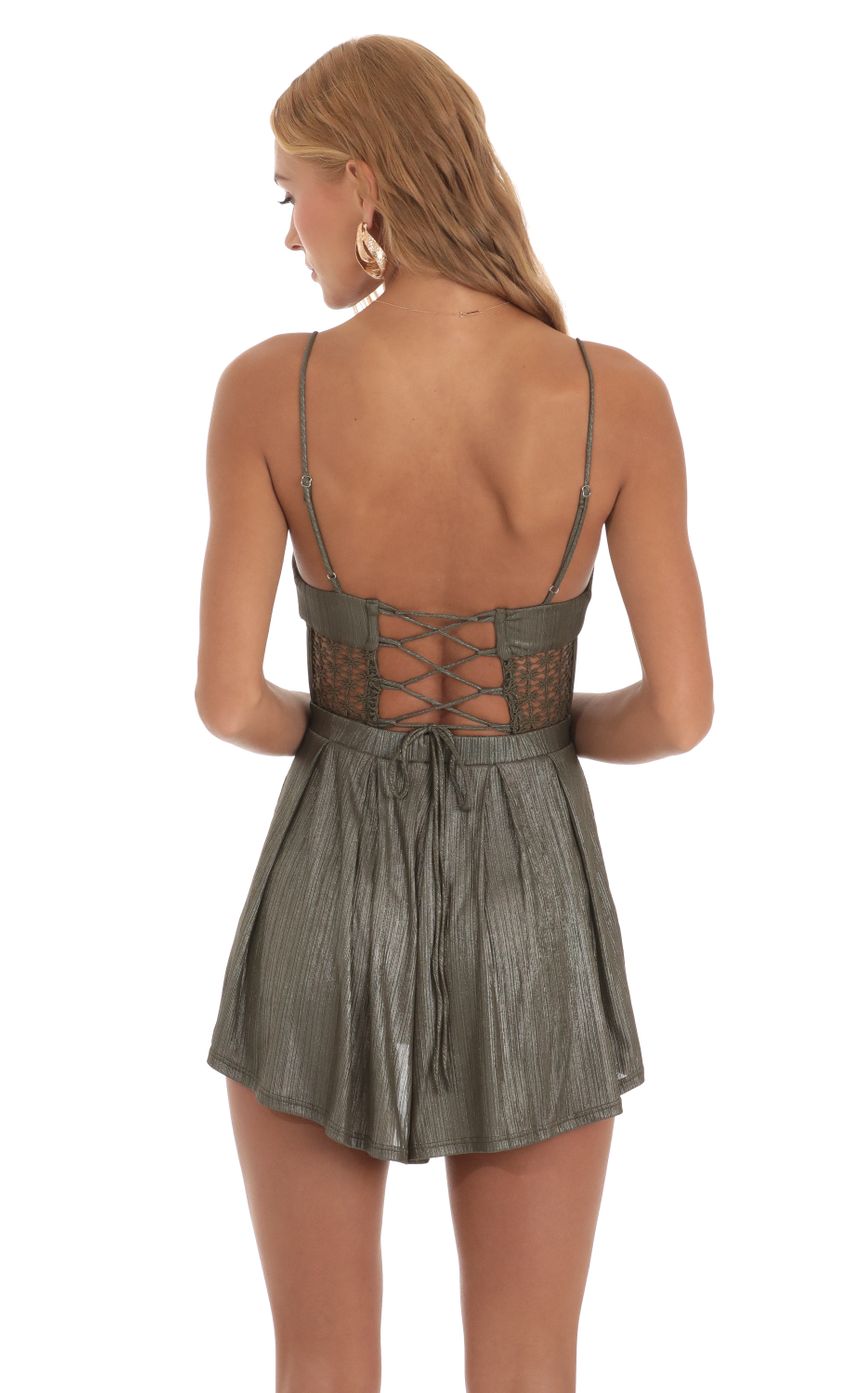 Picture Shimmer Embroidered Corset Romper in Olive Green. Source: https://media-img.lucyinthesky.com/data/Jun23/850xAUTO/7b6665de-e398-42a9-8fa7-c6a5589412b5.jpg