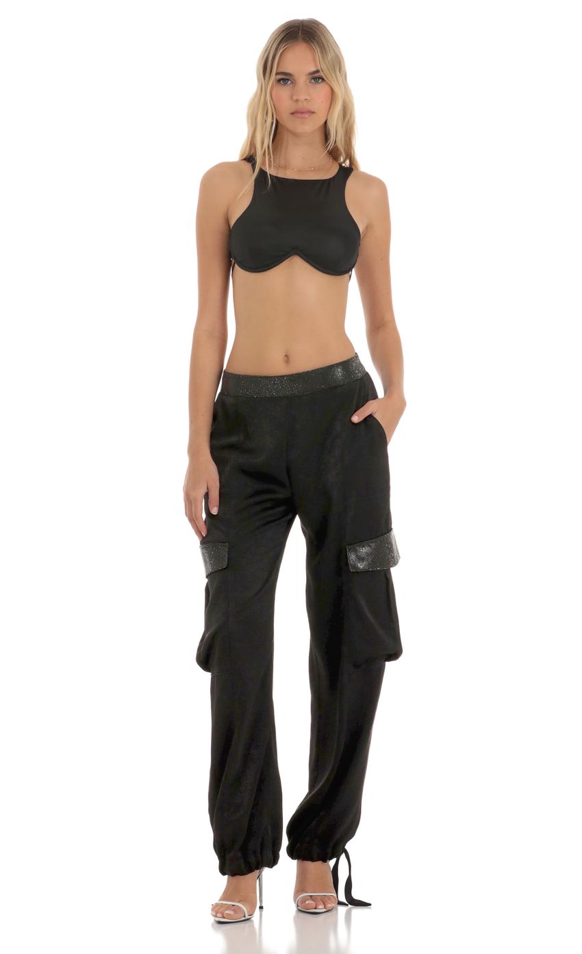 Picture Rhinestone Satin Pants in Black. Source: https://media-img.lucyinthesky.com/data/Jun23/850xAUTO/915184ee-d719-4f84-ab41-be18cadb1bbf.jpg