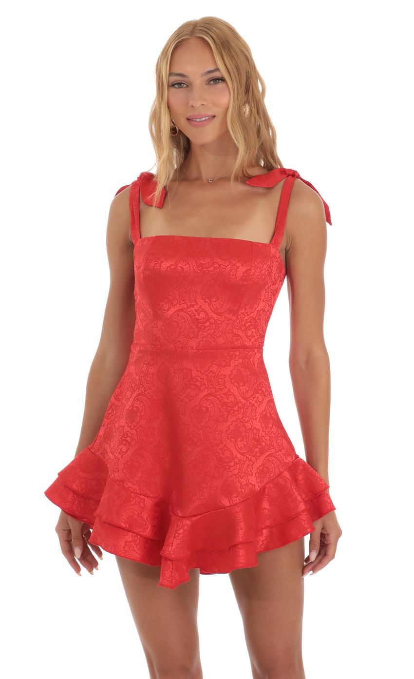 Picture Floral Jacquard A-Line Dress with Ruffle in Red. Source: https://media-img.lucyinthesky.com/data/Jun23/850xAUTO/b5c27790-8174-4cce-abfe-b966e11c6d1b.jpg