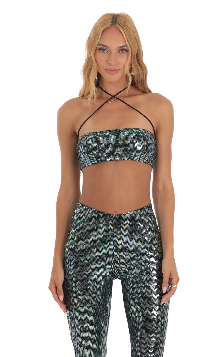Picture Holographic Green Sequin Two Piece Set in Black. Source: https://media-img.lucyinthesky.com/data/Jun23/850xAUTO/d6524ead-b8e9-4fb9-84c9-d502f5700e31.jpg