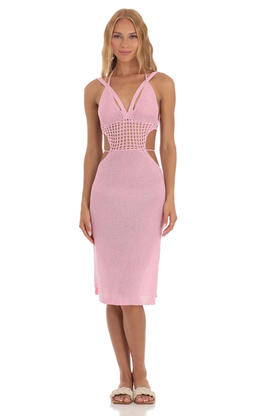 Picture Ixora Crochet Cutout Midi Dress in Pink. Source: https://media-img.lucyinthesky.com/data/Jun23/850xAUTO/e1c70c68-aaa9-4740-a1cf-0e33f60554a4.jpg