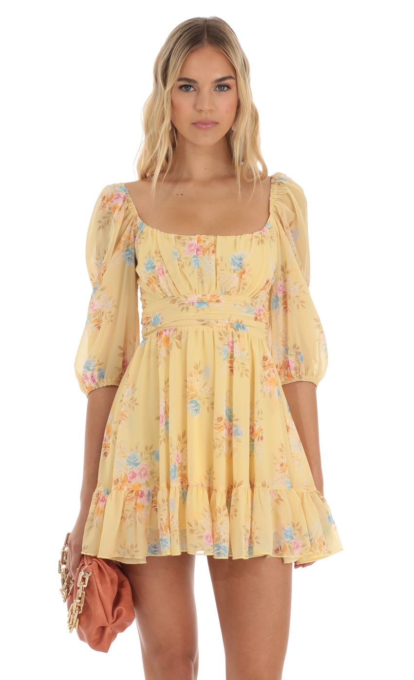 Picture Floral Ruffle Dress in Yellow. Source: https://media-img.lucyinthesky.com/data/Jun23/850xAUTO/e96173b9-77a8-4d85-af60-0ceac417bd36.jpg