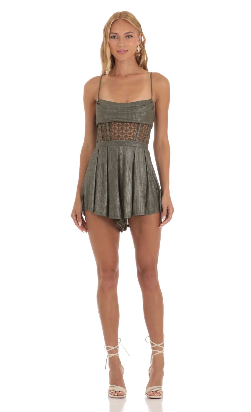 Picture Shimmer Embroidered Corset Romper in Olive Green. Source: https://media-img.lucyinthesky.com/data/Jun23/850xAUTO/efba3f7a-6217-4742-a88e-b0b1dc102d2c.jpg