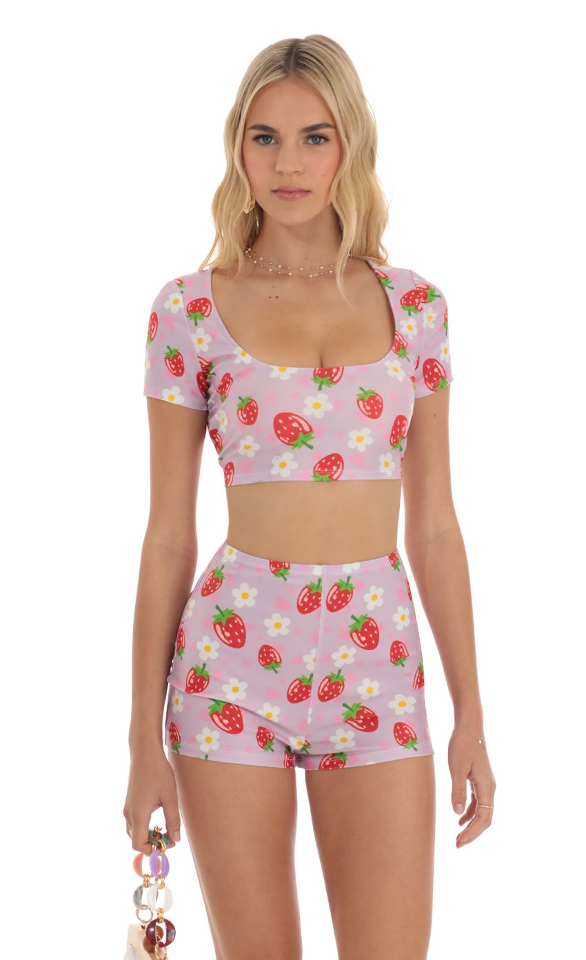 Picture Strawberry Floral Two Piece Short Set in Purple. Source: https://media-img.lucyinthesky.com/data/Jun23/850xAUTO/fcd42560-0b8a-4afc-8e66-525a0a8da605.jpg