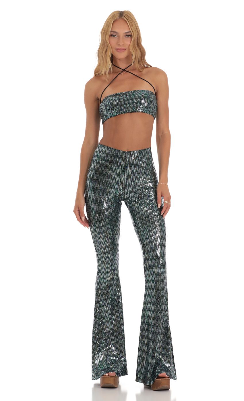 Picture Holographic Green Sequin Two Piece Set in Black. Source: https://media-img.lucyinthesky.com/data/Jun23/850xAUTO/ff6c1fe5-b4cf-4dbc-8916-a643d0822245.jpg