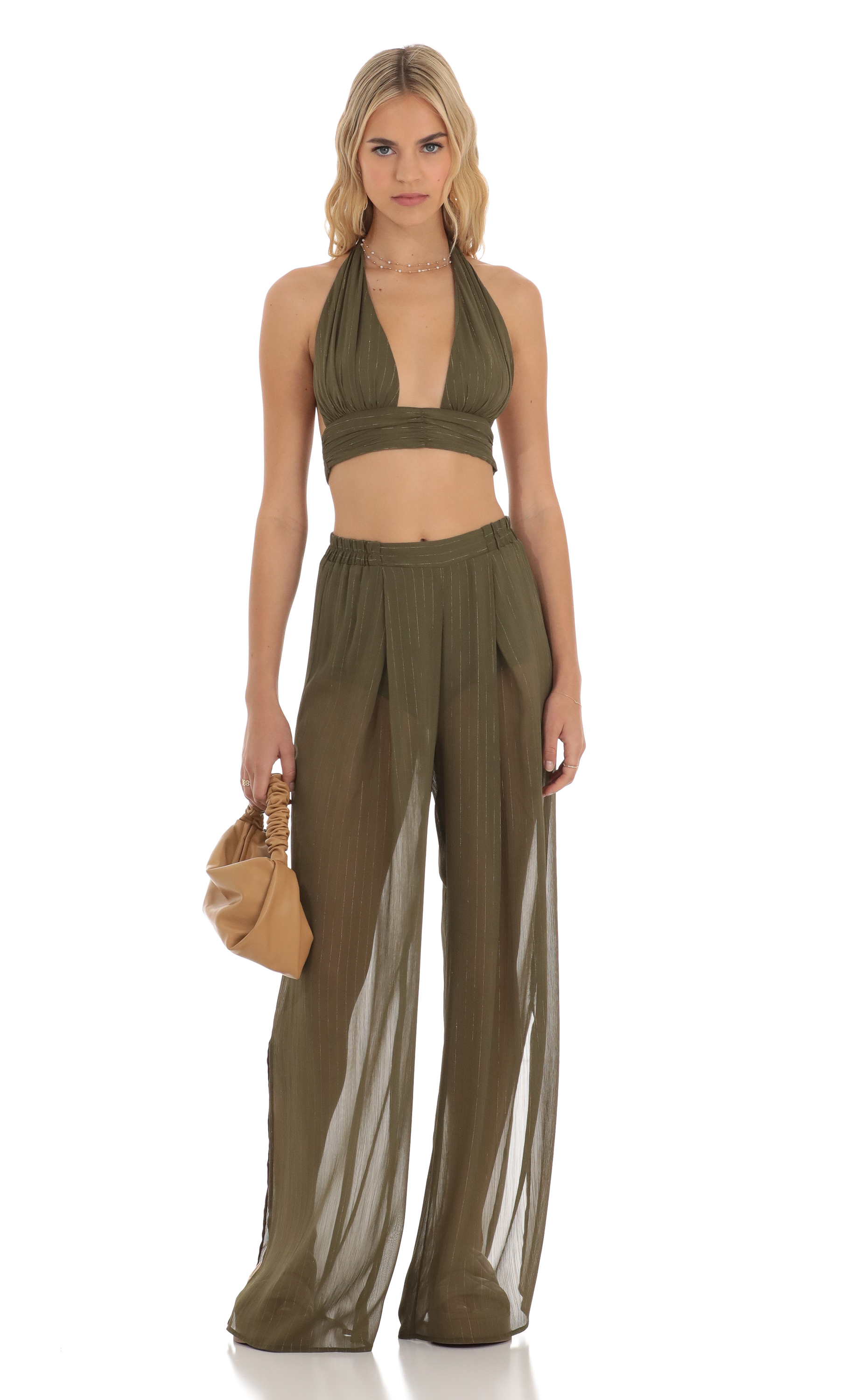 Gold Striped Three Piece Set in Olive Green