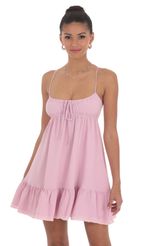 Picture Front Tie Babydoll Dress in Pink. Source: https://media-img.lucyinthesky.com/data/Jun24/150xAUTO/b9b0ec3f-4a65-4695-865f-bf82bfd0e681.jpg