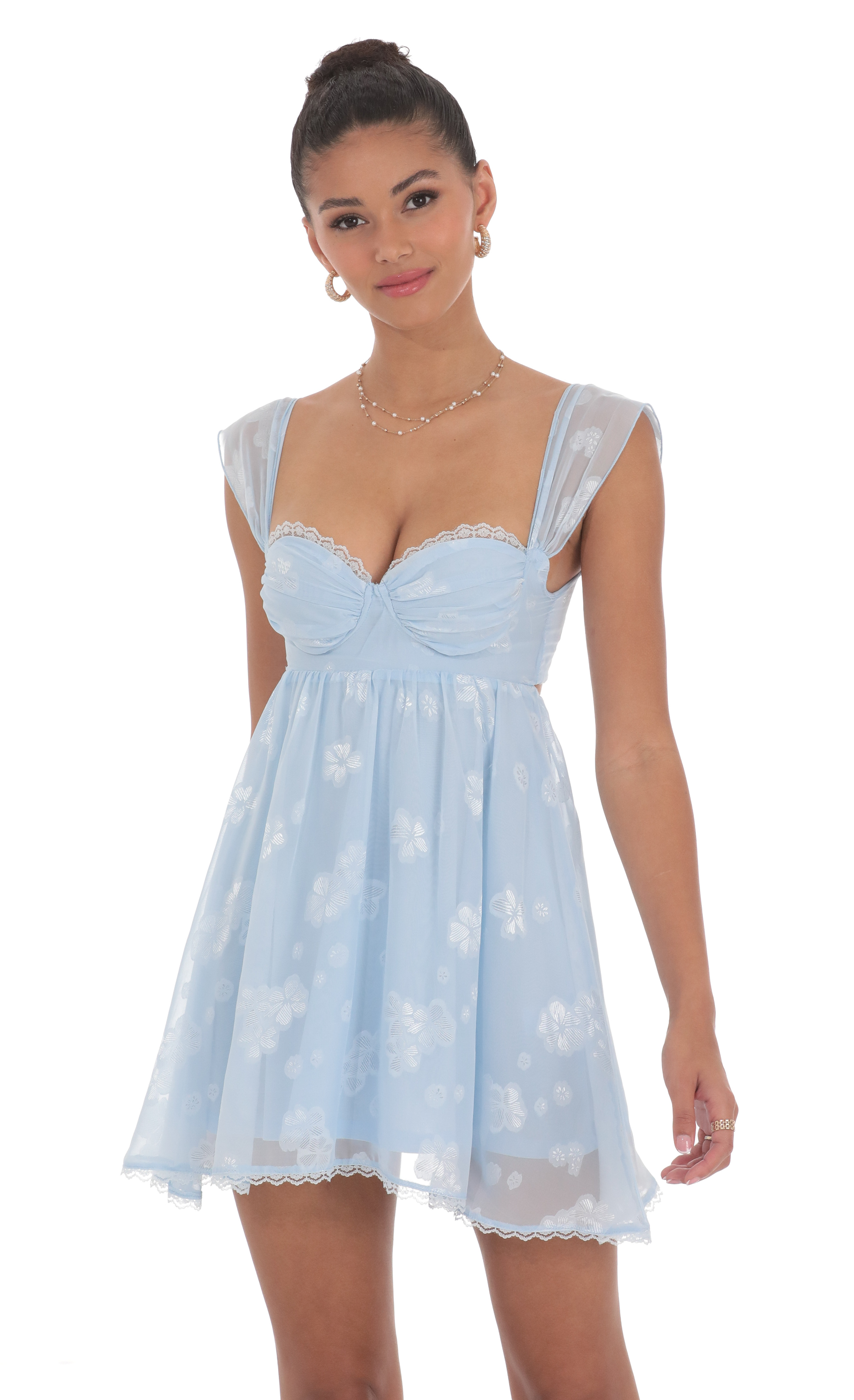 Embroidered Trim Floral Babydoll Dress in Baby Blue