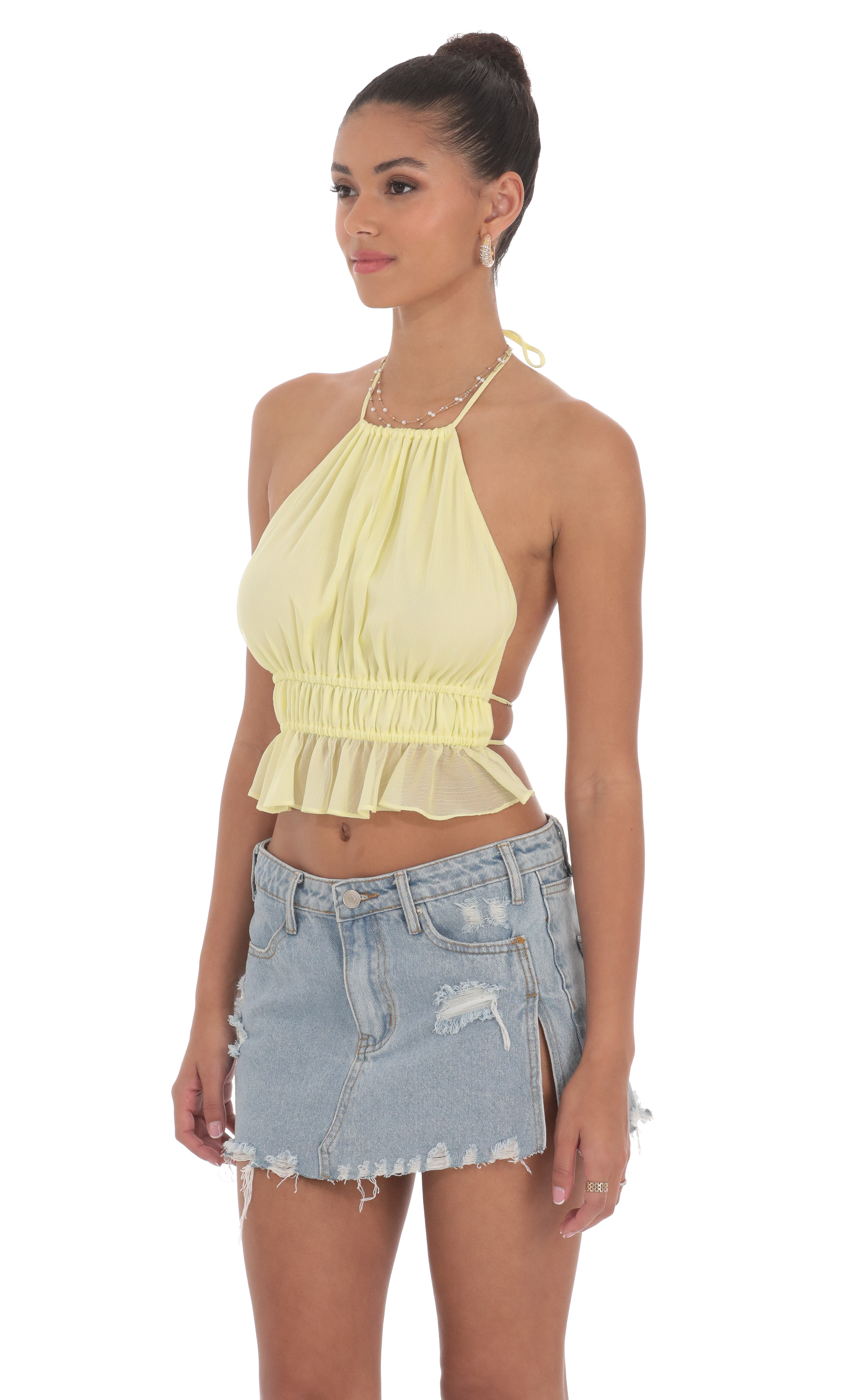 Shimmer Halter Open Back Top in Yellow