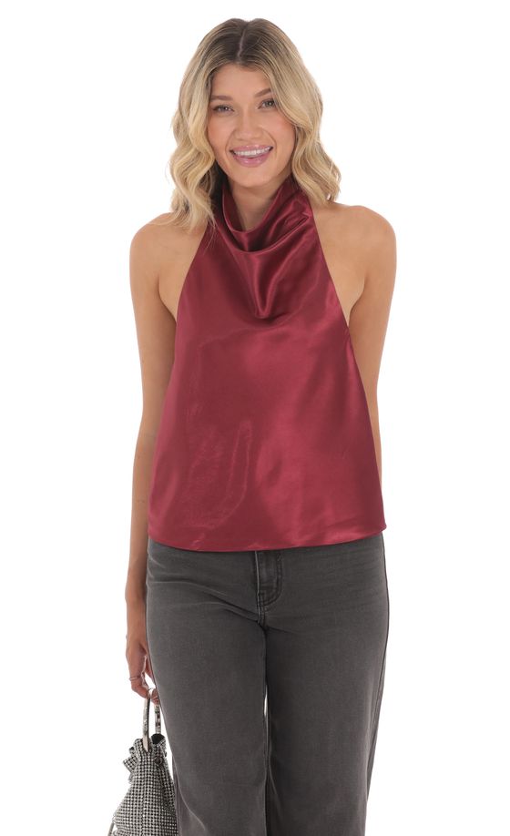 Mock Neck Satin Top in Burgundy