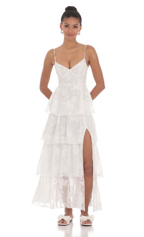 Floral Ruffle A-line Maxi Dress in White