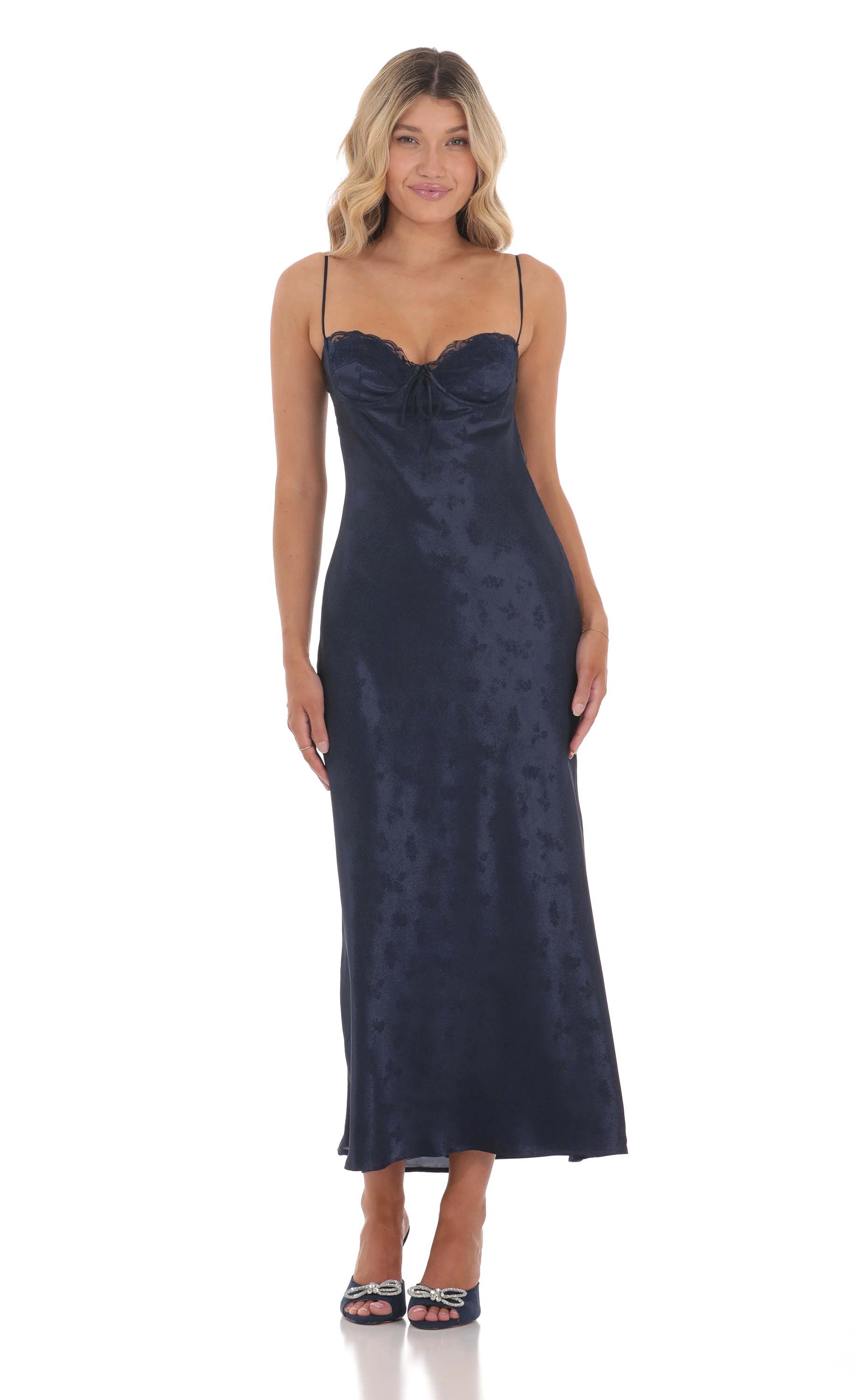 Satin Floral Maxi Dress in Navy