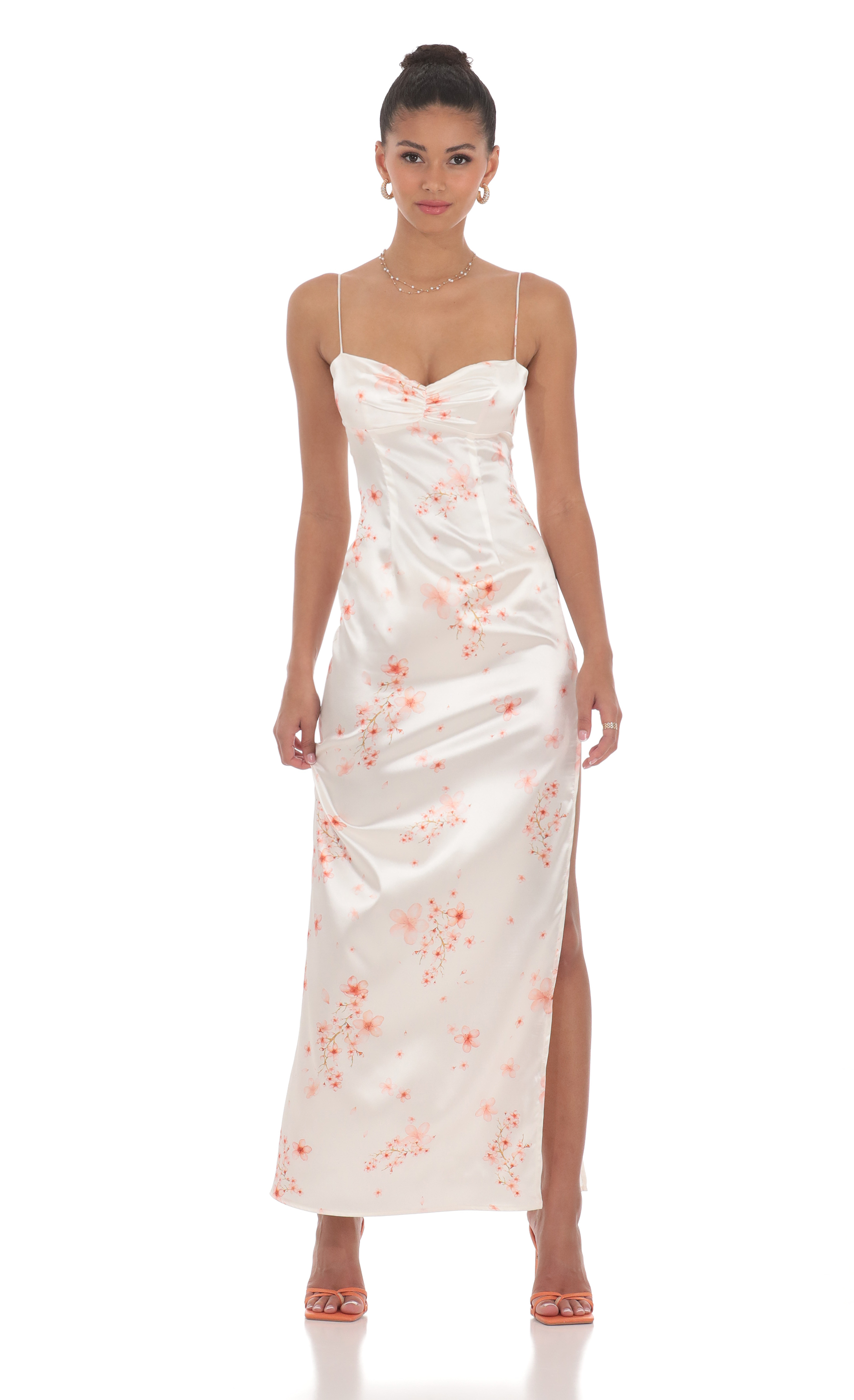 Satin Floral Cinched Maxi Dress in White