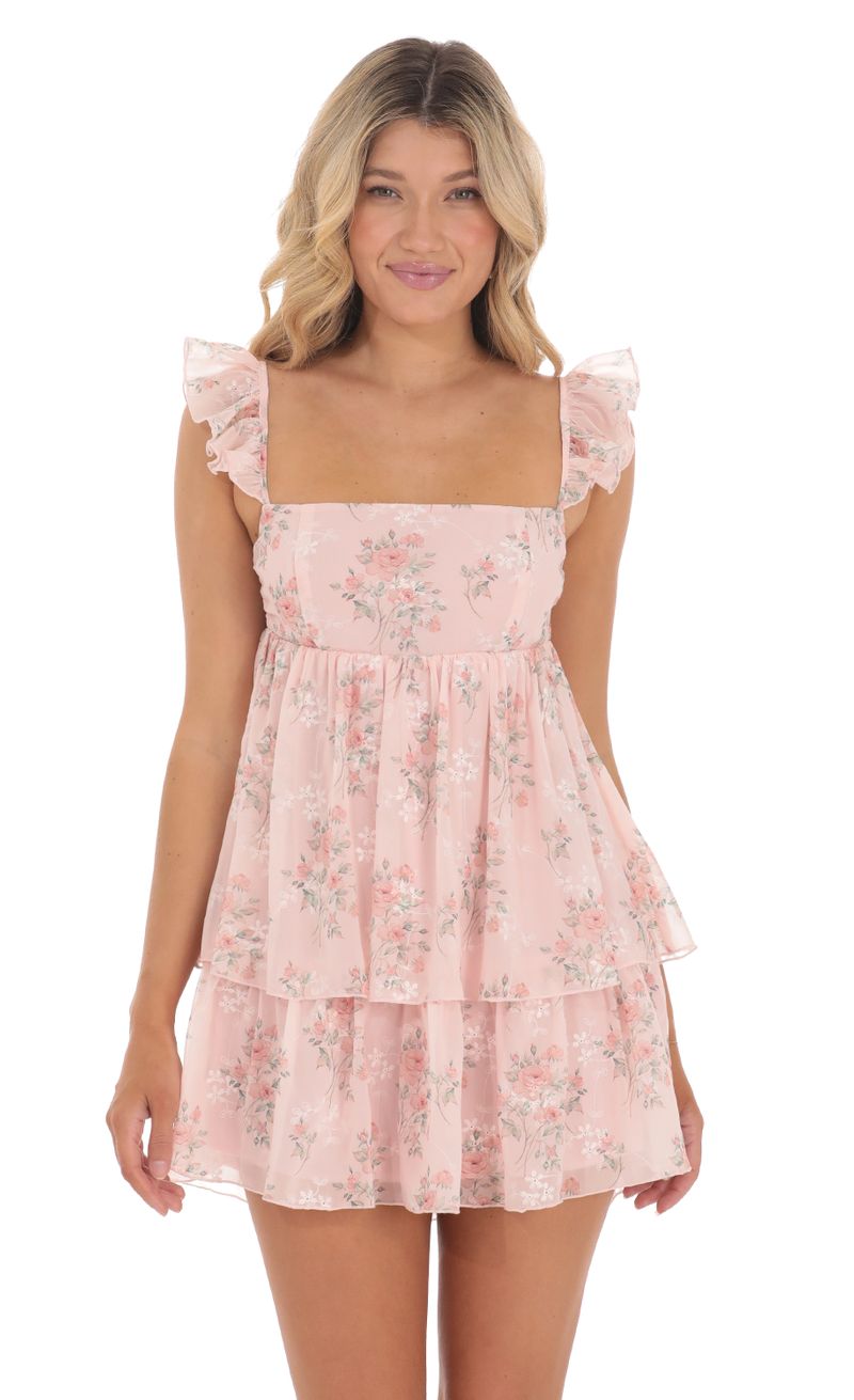 Floral Chiffon Ruffle Dress in Pink | LUCY IN THE SKY