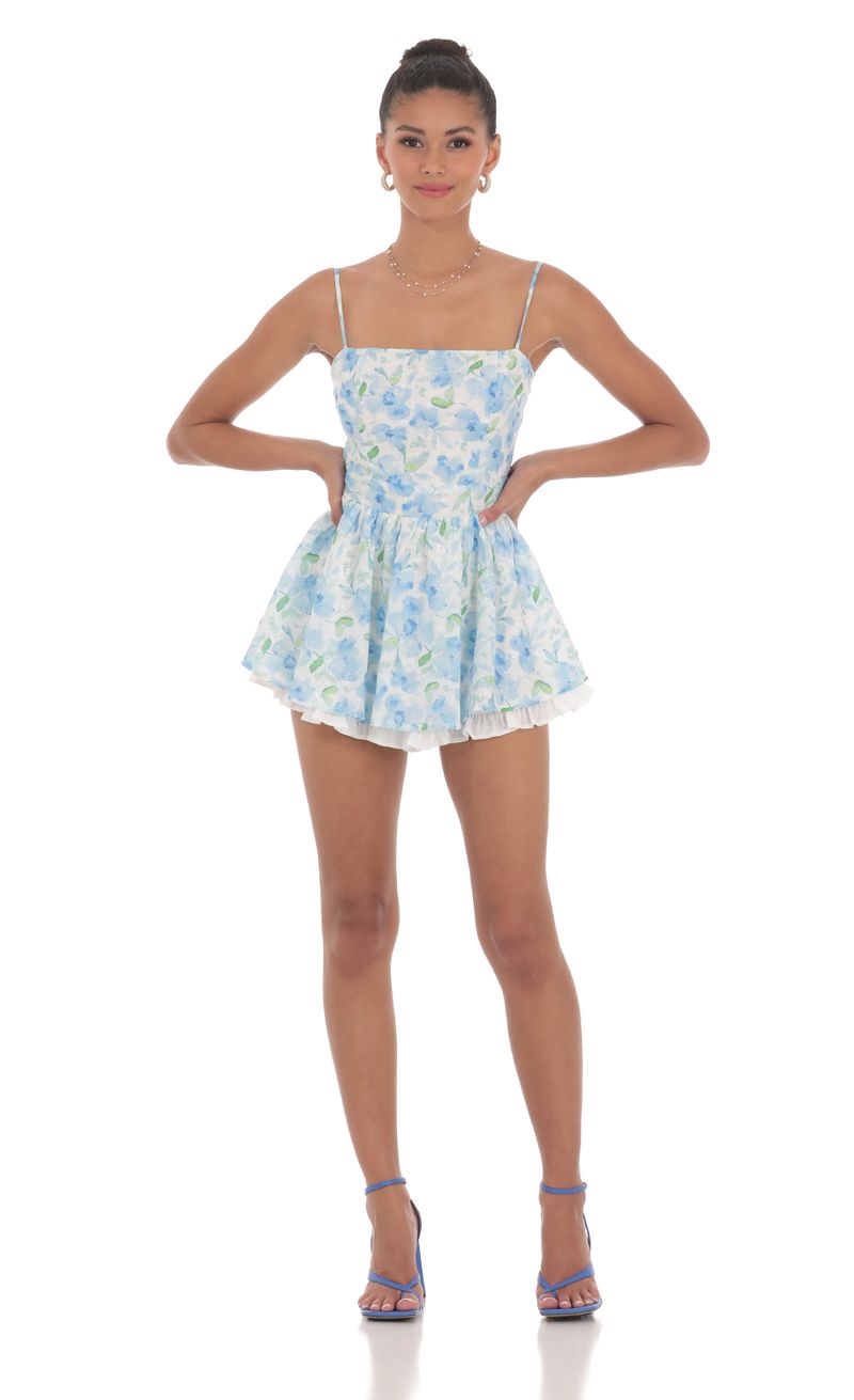 Blue Floral Ruffle Romper in White | LUCY IN THE SKY