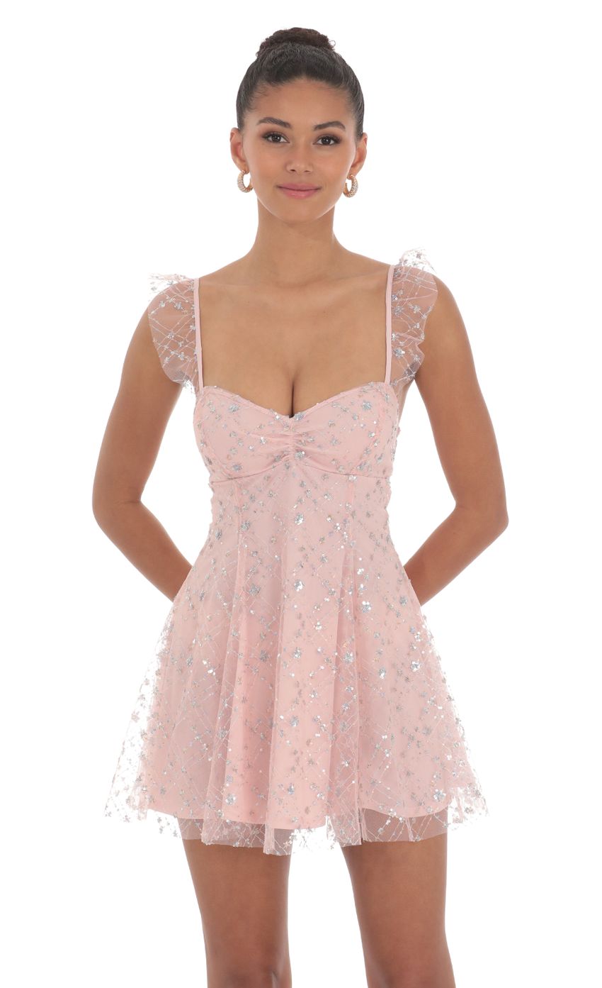 Picture Sequin Glitter Fit and Flare Dress in Pink. Source: https://media-img.lucyinthesky.com/data/Jun24/850xAUTO/27cf5c06-b281-4cf6-8692-7e66806f30b3.jpg