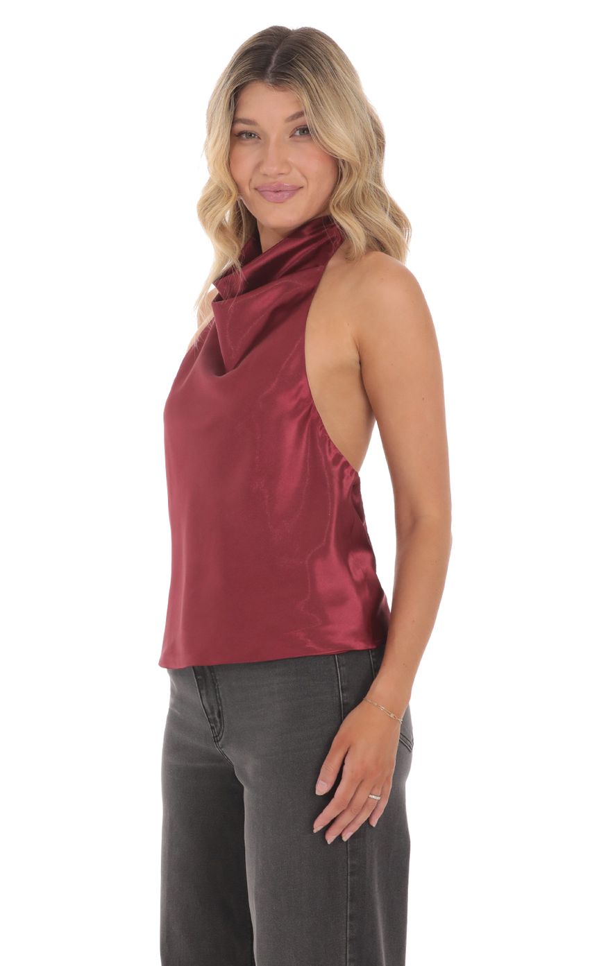 Picture Mock Neck Satin Top in Burgundy. Source: https://media-img.lucyinthesky.com/data/Jun24/850xAUTO/30823f0b-85b9-45ef-9ddf-fe5858d1e28f.jpg