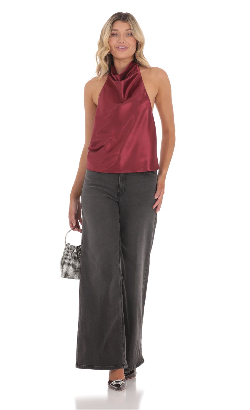 Picture Mock Neck Satin Top in Burgundy. Source: https://media-img.lucyinthesky.com/data/Jun24/850xAUTO/5bc1ad58-707b-44f6-b692-0be57612570a.jpg