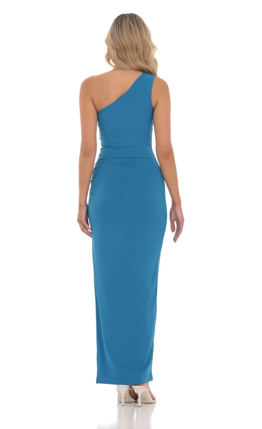 Picture One Shoulder Ruched Maxi Dress in Marine Blue. Source: https://media-img.lucyinthesky.com/data/Jun24/850xAUTO/628c783c-e0d3-4eeb-a449-6a6e2c4b30fa.jpg