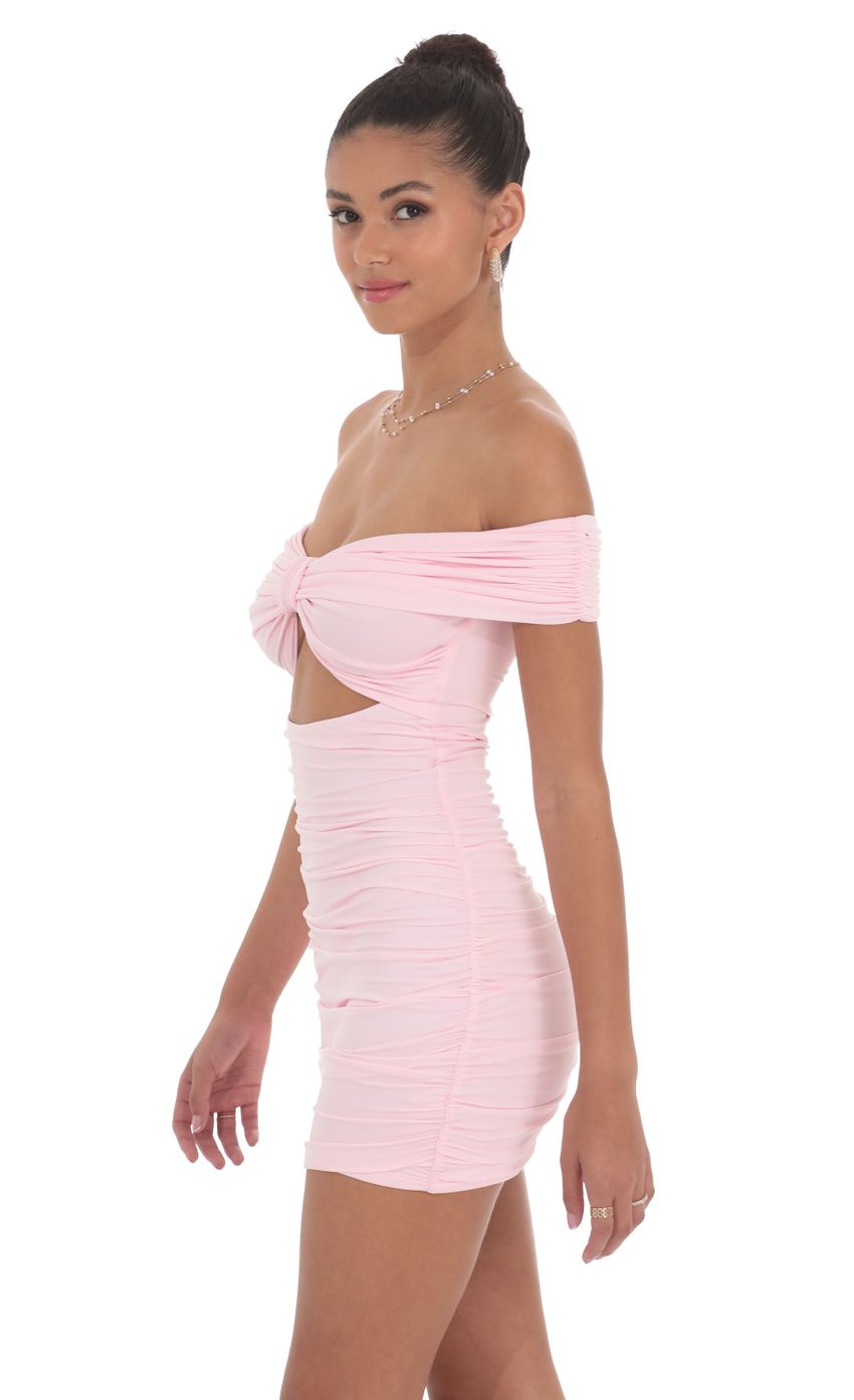 Picture Off Shoulder Cutout Bodycon Dress in Pink. Source: https://media-img.lucyinthesky.com/data/Jun24/850xAUTO/821a3910-74b7-4f15-a0fc-6defa5aa2c44.jpg
