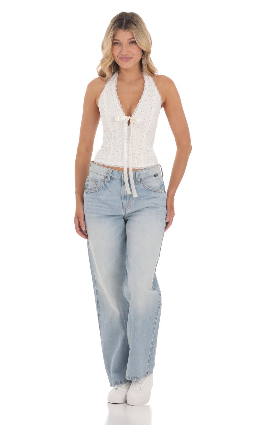 Picture Eyelet Plunge Neck Top in White. Source: https://media-img.lucyinthesky.com/data/Jun24/850xAUTO/87f691d8-411e-4a97-a82a-8ce873cab5bf.jpg