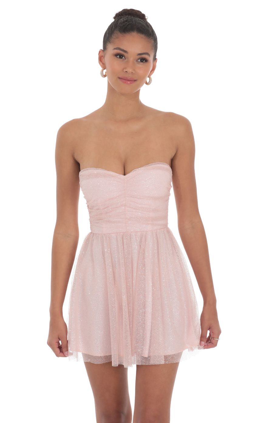 Picture Glitter Strapless A-Line Dress in Pink. Source: https://media-img.lucyinthesky.com/data/Jun24/850xAUTO/997a7117-aaf1-4ac8-8180-a8327515d6af.jpg