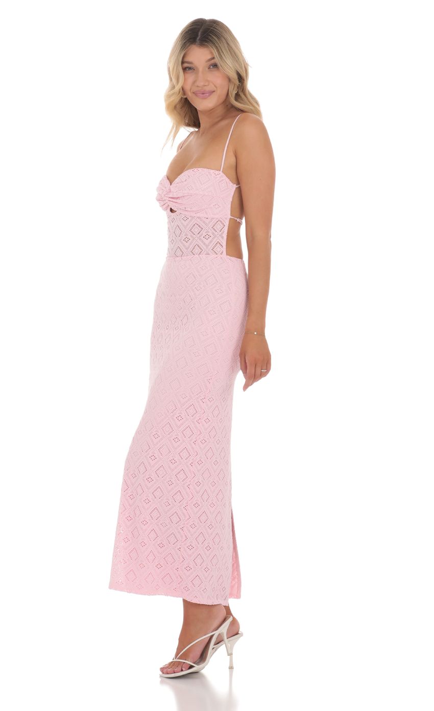 Picture Twist Cutout Midi Dress in Pink. Source: https://media-img.lucyinthesky.com/data/Jun24/850xAUTO/9c6e11d6-25ad-4fef-ae74-81ba8d1b4208.jpg