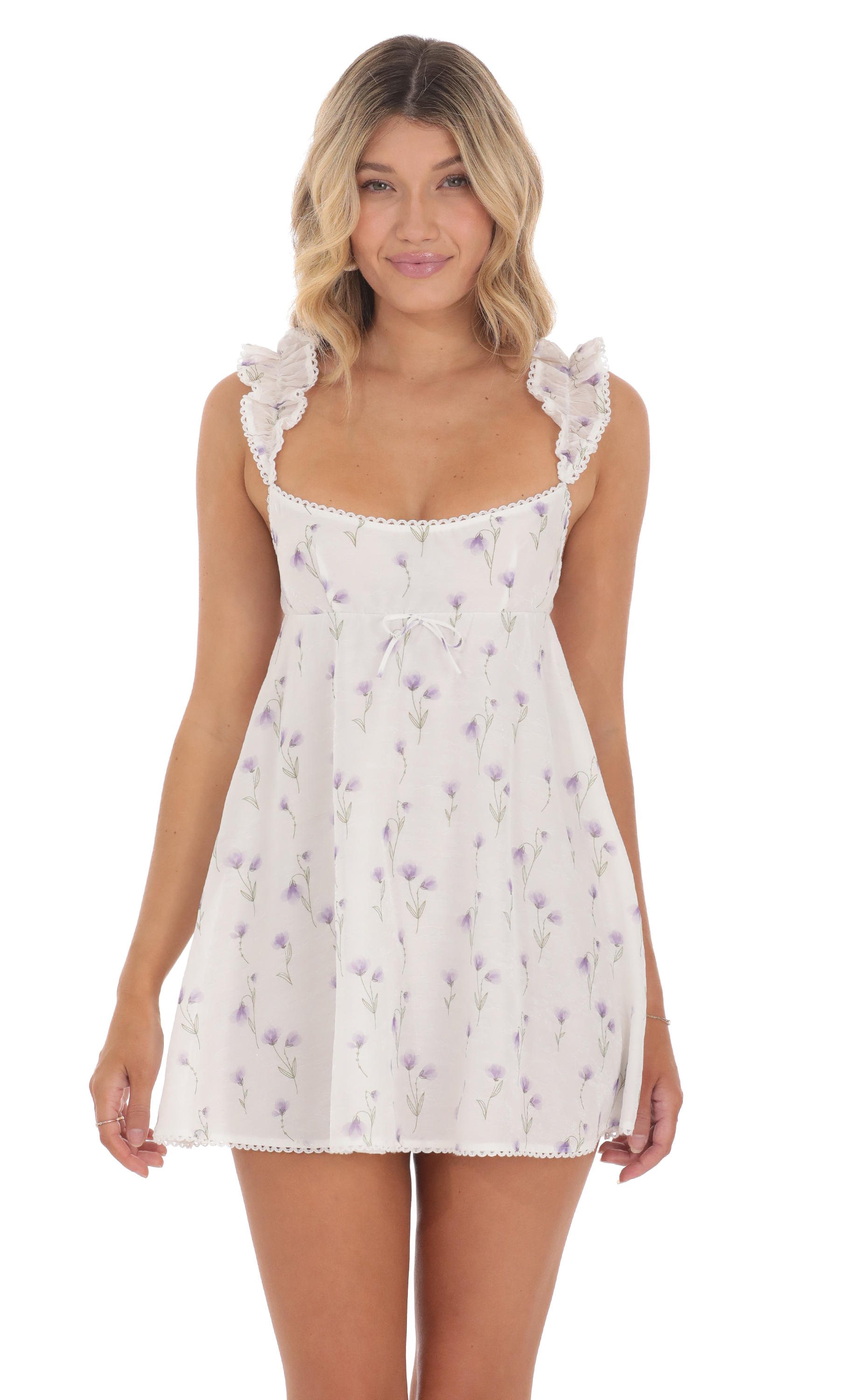Satin Floral Babydoll Dress in White