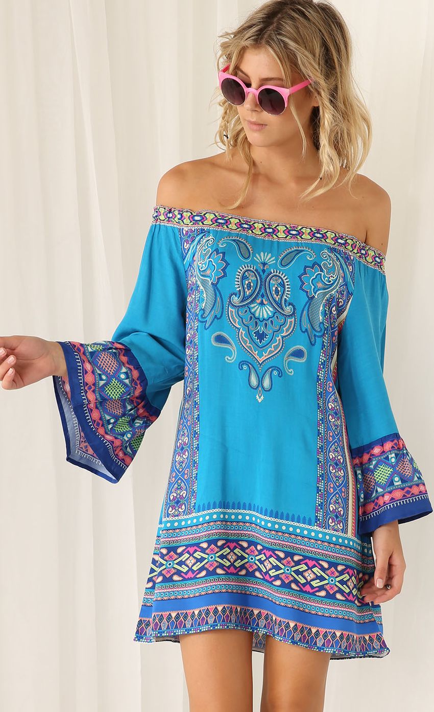 Picture Blue Boho Print Strapless Dress. Source: https://media-img.lucyinthesky.com/data/Mar15_2/850xAUTO/0Y5A2529.JPG