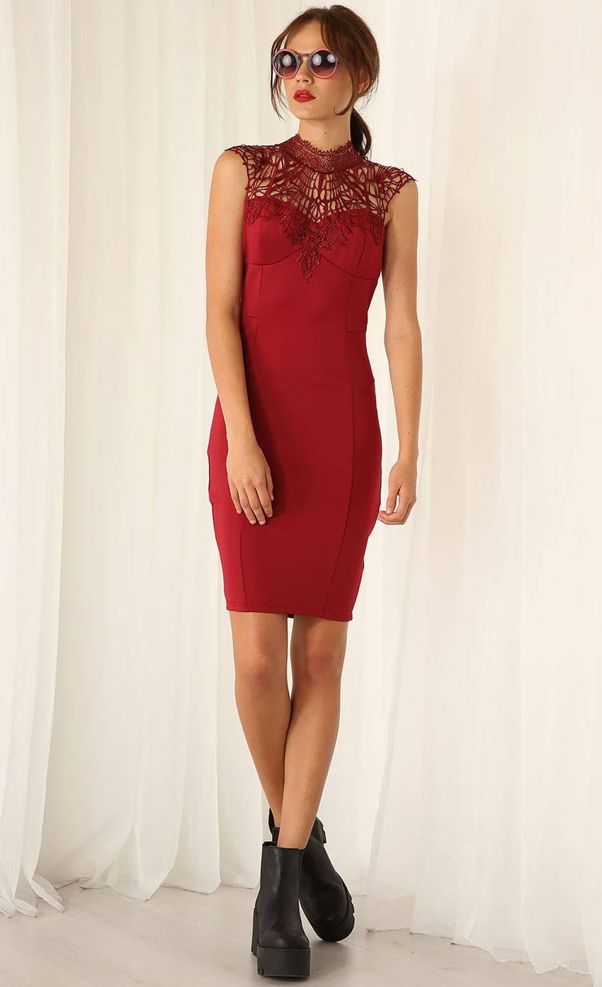 Picture Dark Red Midi Dress with Lace Neckline. Source: https://media-img.lucyinthesky.com/data/Mar15_2/850xAUTO/0Y5A2802.JPG