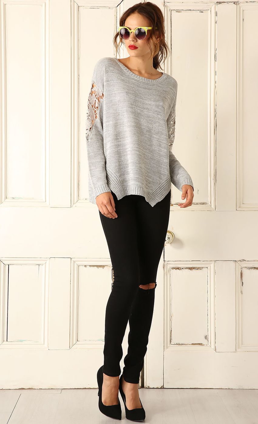 Picture Grey Knit with Crochet Lace Sleeves. Source: https://media-img.lucyinthesky.com/data/Mar15_2/850xAUTO/0Y5A30591.JPG