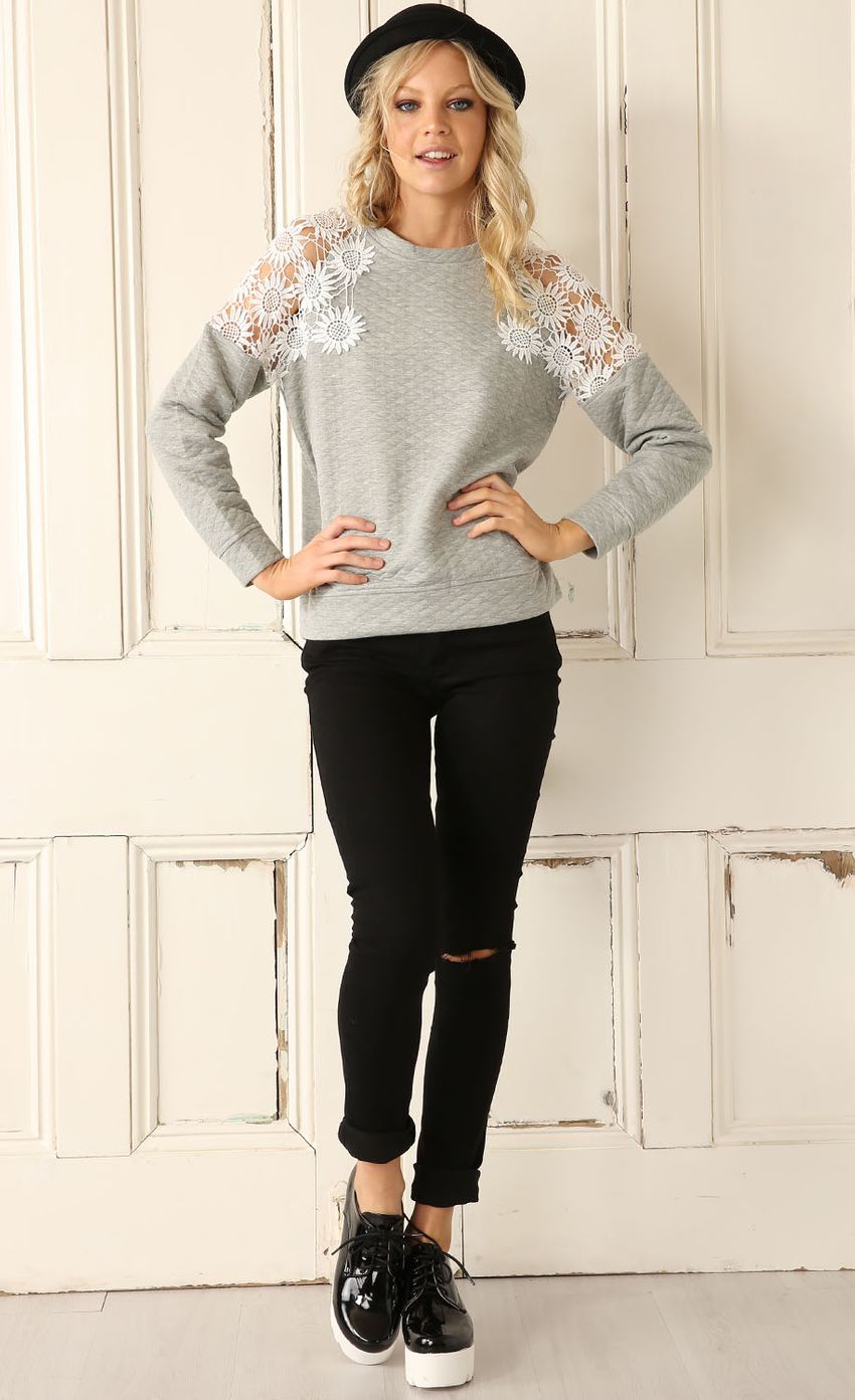 Picture Grey Jumper with Floral Lace Detail. Source: https://media-img.lucyinthesky.com/data/Mar15_2/850xAUTO/0Y5A67642.JPG