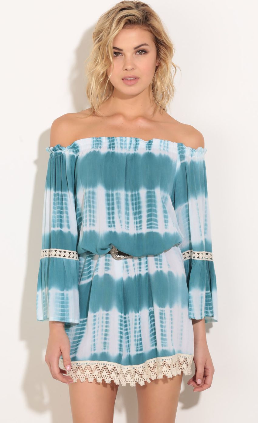 Picture Off The Shoulder Tie Dye Dress In Teal. Source: https://media-img.lucyinthesky.com/data/Mar16_1/850xAUTO/0Y5A3853.JPG