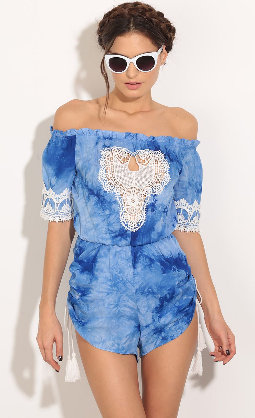 Picture Off The Shoulder Tie-Dye Romper In Blue. Source: https://media-img.lucyinthesky.com/data/Mar16_2/850xAUTO/0Y5A0417.JPG