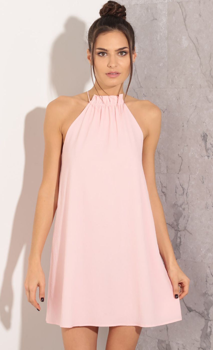 Picture Gathered Halter Shift Dress In Light Pink. Source: https://media-img.lucyinthesky.com/data/Mar16_2/850xAUTO/0Y5A5830.JPG