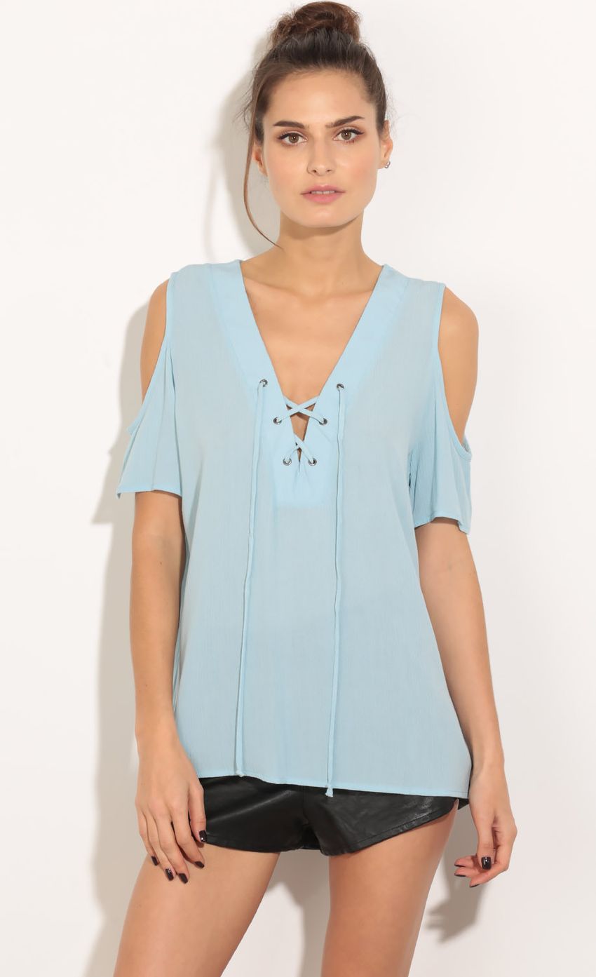 Picture Open Shoulder Lace-Up Day Top In Baby Blue. Source: https://media-img.lucyinthesky.com/data/Mar16_2/850xAUTO/0Y5A6136.JPG