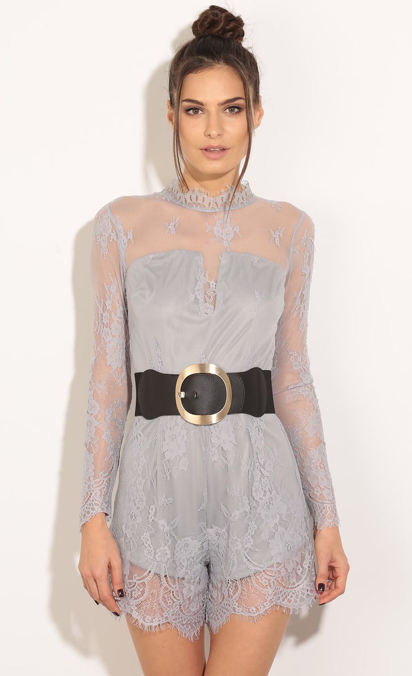 Picture High Neck Lace Overlay Romper In Cool Grey. Source: https://media-img.lucyinthesky.com/data/Mar16_2/850xAUTO/0Y5A6938.JPG