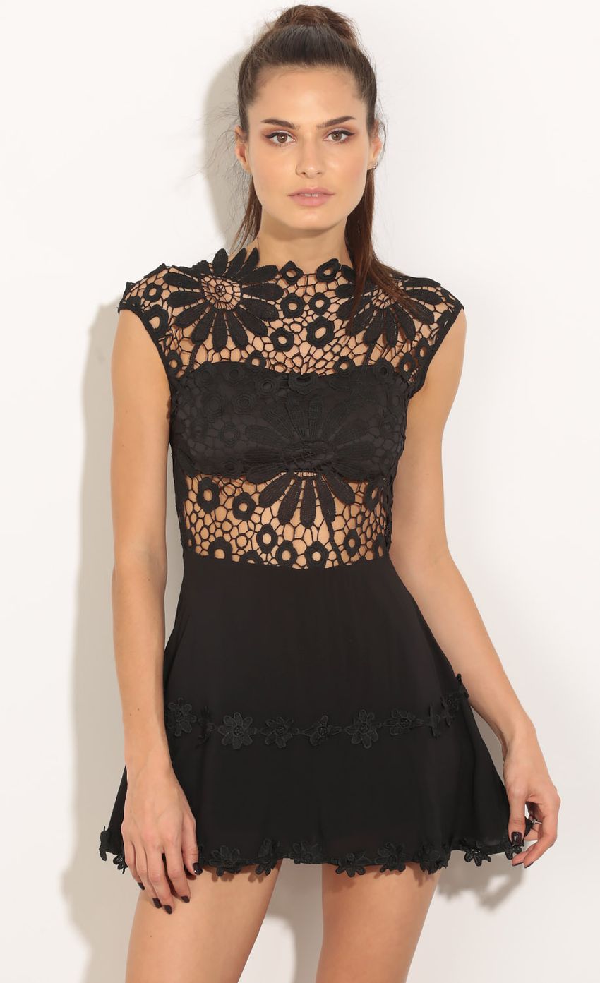 Picture High Neck Daisy Crochet Dress In Black. Source: https://media-img.lucyinthesky.com/data/Mar16_2/850xAUTO/0Y5A8803.JPG