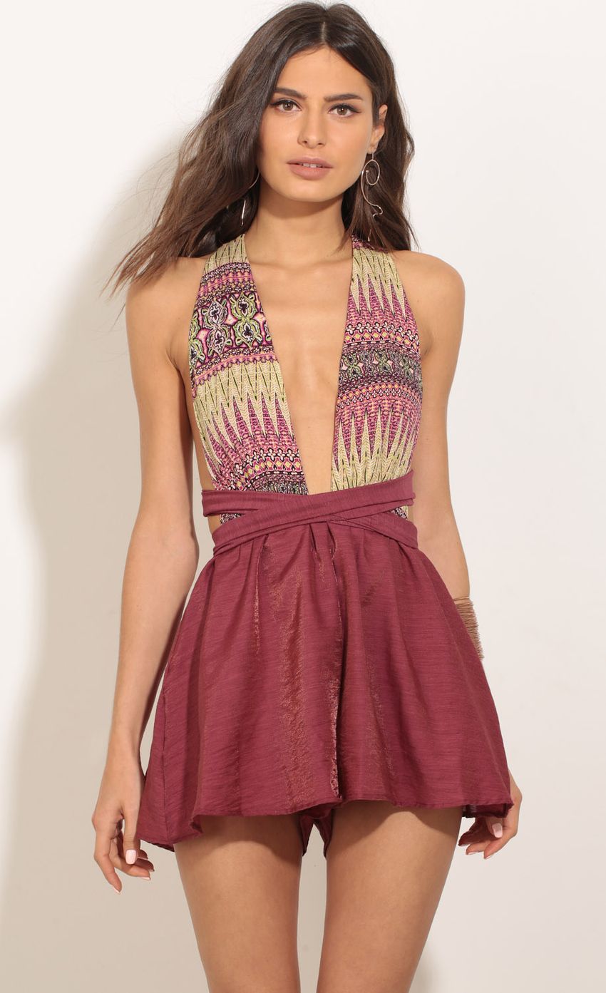 Picture Bohemian Plunge Tie-Up Romper In Burgundy. Source: https://media-img.lucyinthesky.com/data/Mar17_2/850xAUTO/0Y5A0744.JPG