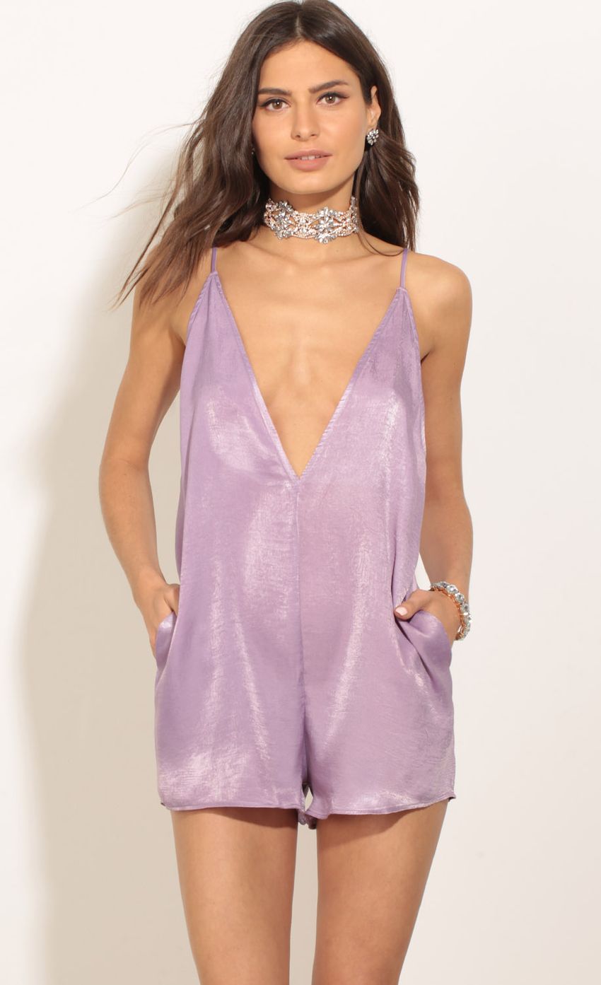 Picture Deep-V Satin Romper In Lilac. Source: https://media-img.lucyinthesky.com/data/Mar17_2/850xAUTO/0Y5A1031.JPG