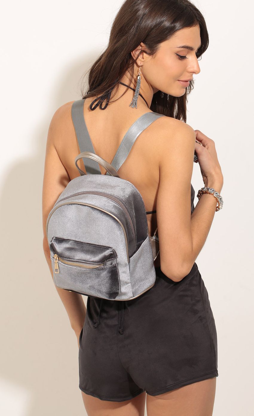 Picture Mini Velvet Backpack In Ice Grey. Source: https://media-img.lucyinthesky.com/data/Mar17_2/850xAUTO/0Y5A2306.JPG